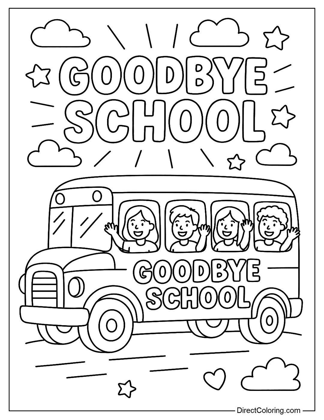 a coloring page of a bus with the words “Goodbye School” and students waving from the windows.
